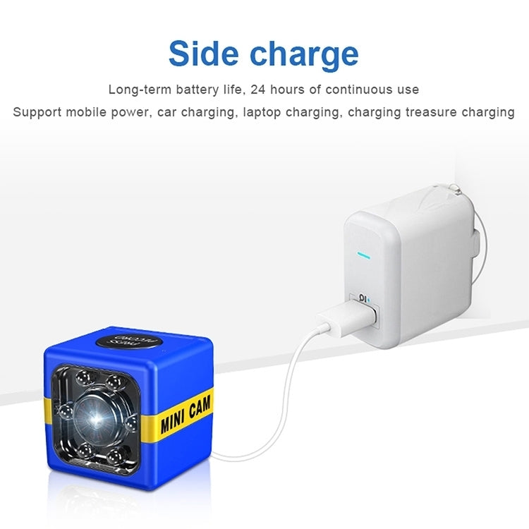 Blue mini cam charging beside white power adapter connected by cable