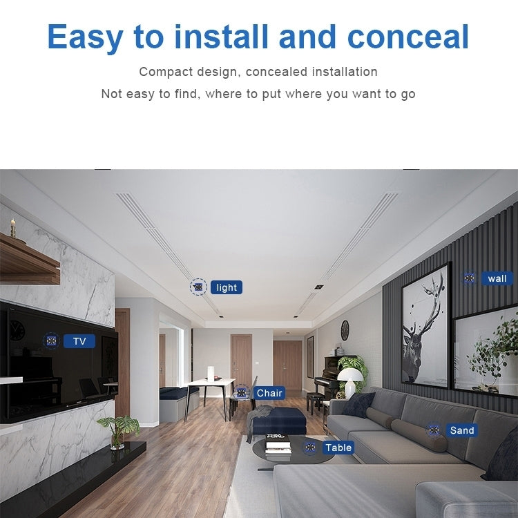 Mini cam designed for concealment, shown within a living room ceiling area