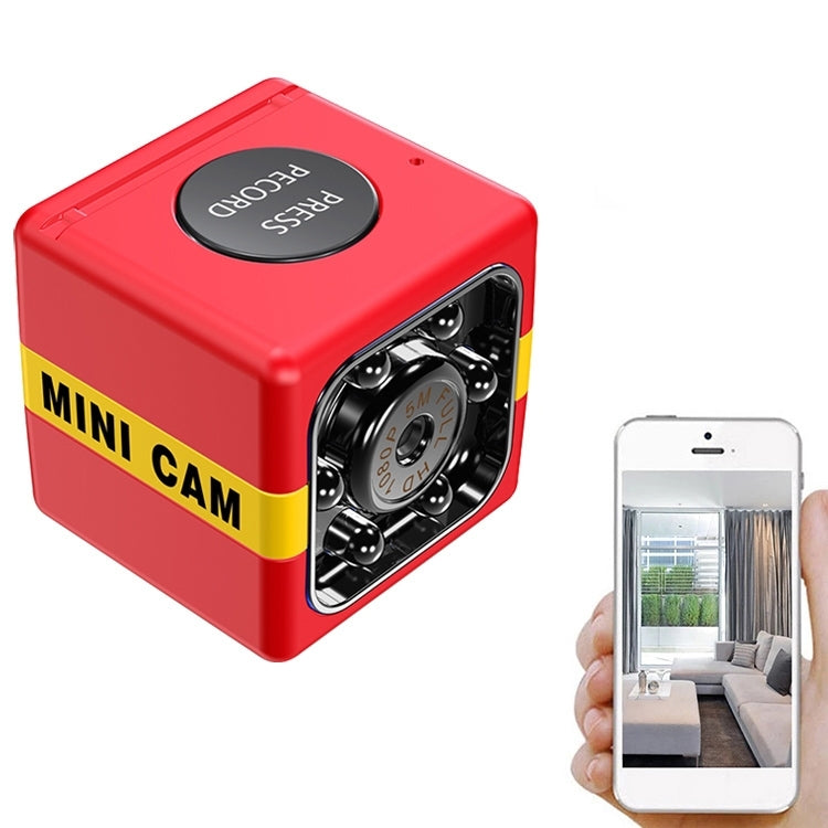 Mini cam action camera with black lens on red case, paired with smartphone