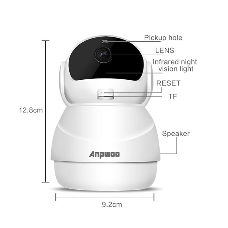 Anpwoo PTZ security camera front diagram showing lens, infrared light, and speaker