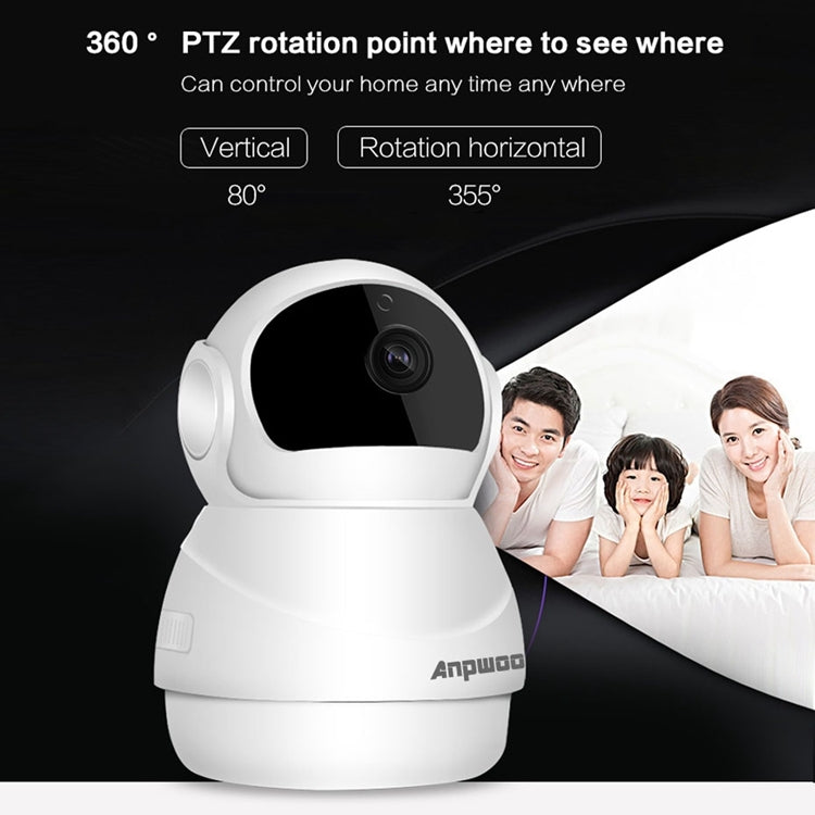 Anpwoo PTZ security camera with 360° PTZ rotation graphic and horizontal/vertical ranges