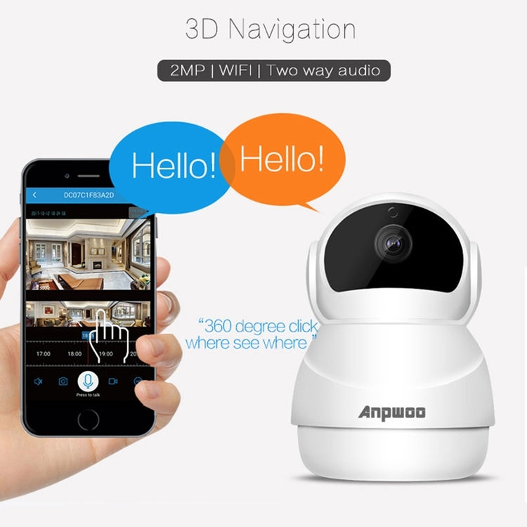 Anpwoo PTZ security camera with 2MP WiFi and two-way audio message graphics