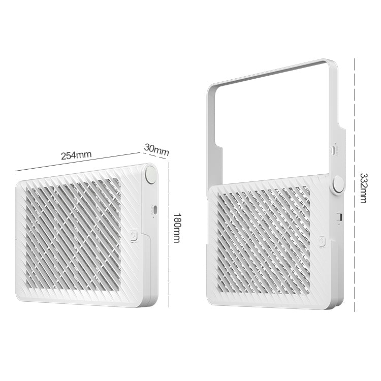 White foldable mosquito killer lamp, front and side views with size markings