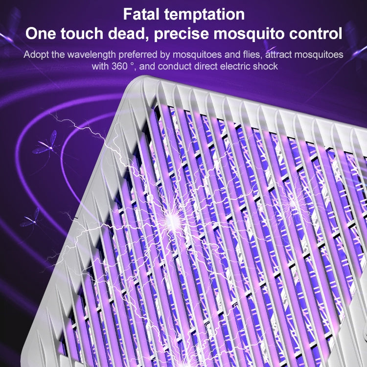 White foldable mosquito killer lamp with close-up glowing purple light grid