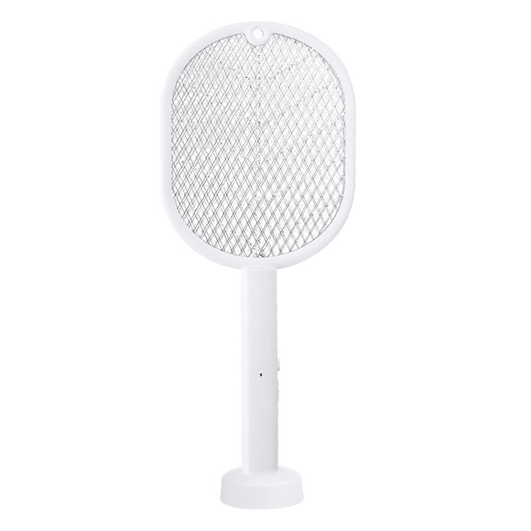 White mosquito trap device with circular metal mesh grille and upright handle