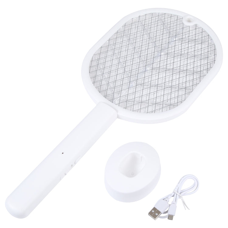 White handheld mosquito trap device with oval mesh head and USB charging cable