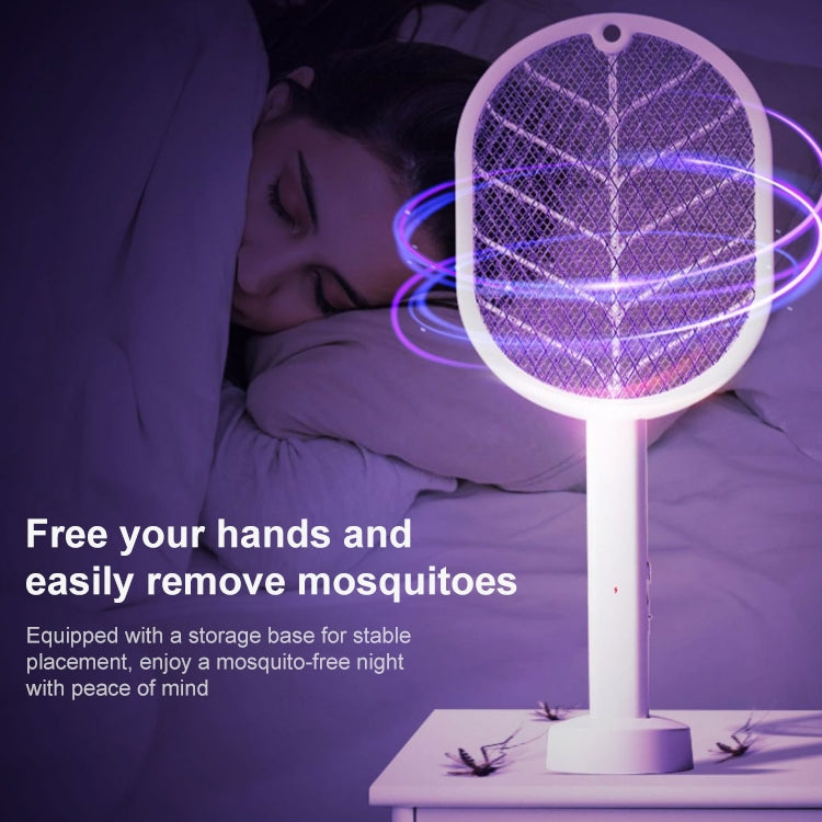 Mosquito trap device on nightstand with purple glowing ring and mesh head
