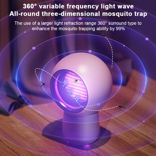 White mosquito trap lamp with glowing purple UV ring and circular fan grille