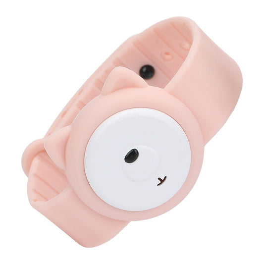 Pink children’s mosquito repellent wristband with a smiling round face