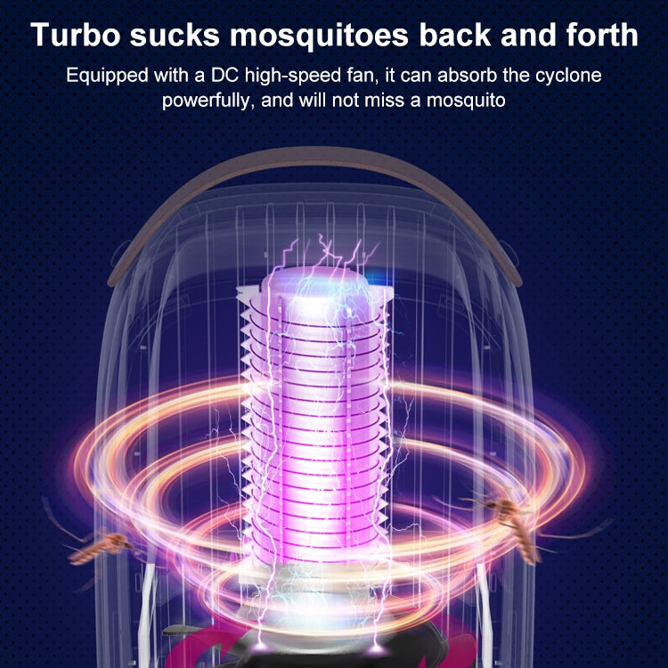Mosquito killer with visible illuminated fan chamber inside the front grille