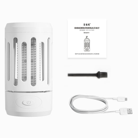 White portable mosquito killer with USB cable and small tool accessory included