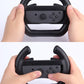 Hands holding semicircle steering wheel controller with front control panel