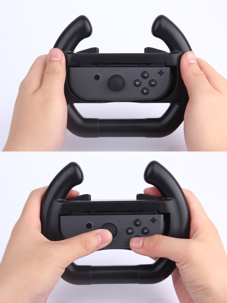 Hands holding semicircle steering wheel controller with front control panel