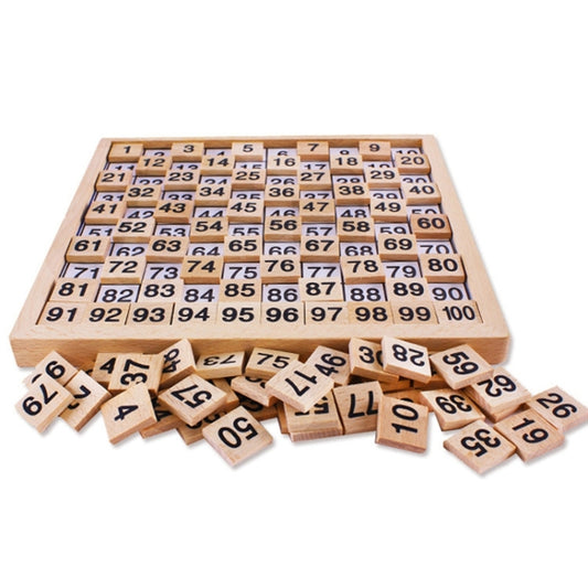 Wooden 1–100 counting board with scattered number tiles for matching and counting