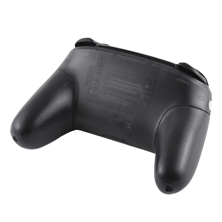 Black wireless game controller back view with model label and textured grips