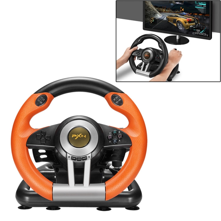 Orange and black racing game steering wheel controller with base stand.