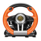 Orange and black racing steering wheel controller, front view with button cluster.
