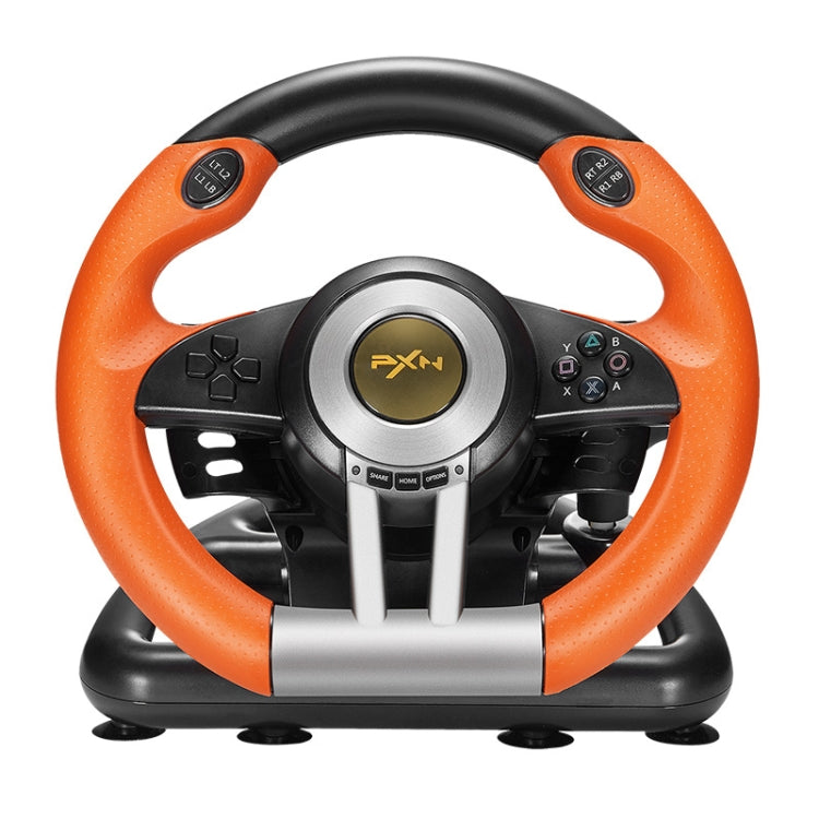 Orange and black racing steering wheel controller, front view with button cluster.
