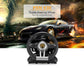Racing game steering wheel in black with orange-lit center and multi-button controls