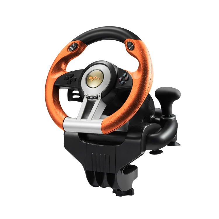 Orange and black racing steering wheel controller with side shifter and mount.
