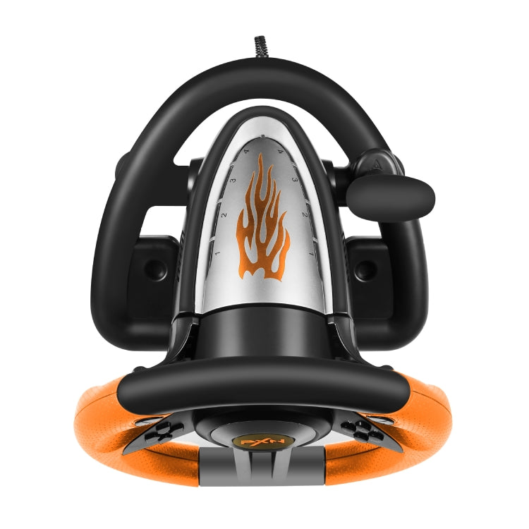 Orange and black racing steering wheel controller, rear view with flame emblem.