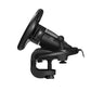 Black racing steering wheel controller base with mounted pedal-style unit.