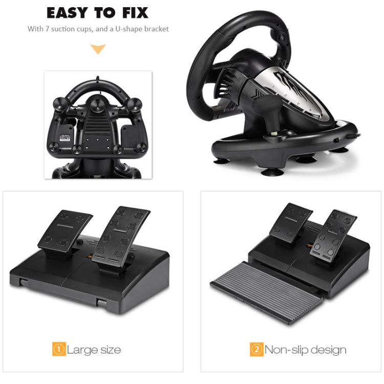 Racing steering wheel controller with base and pedal unit, shown with PC monitor.