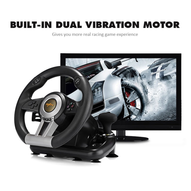 Racing steering wheel controller with monitor view, orange rim and button controls.