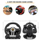 Orange and black racing steering wheel controller with base stand, two angles.