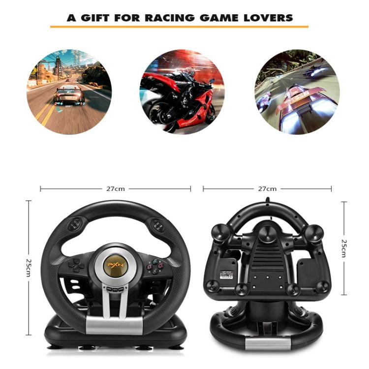 Orange and black racing steering wheel controller with base stand, two angles.