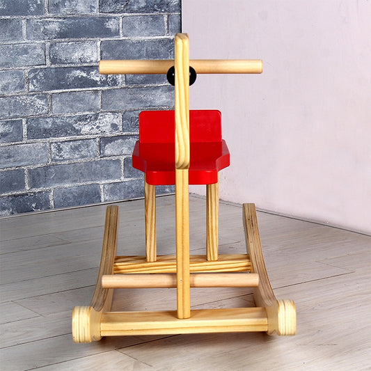 Wooden rocking horse chair with red seat back and vertical handle bar