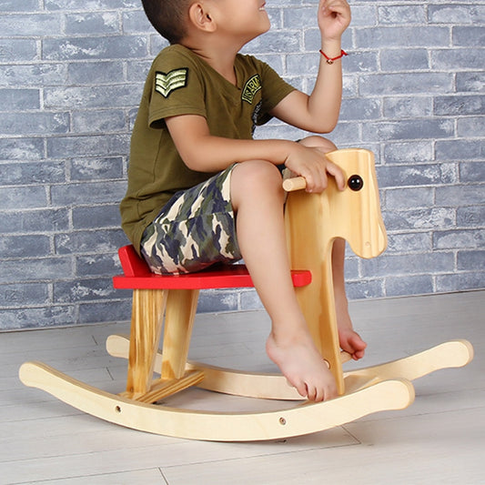 Wooden kids rocking horse chair with red seat bar and horse-head armrests