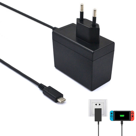Black AC adapter charger with US two-pin plug and USB-C cable connection