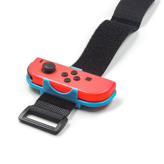 Adjustable controller wrist band with red-and-blue holder and black strap