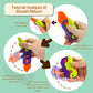 Hands demonstrating sheath return on blue and green pocket-knife fidget toy