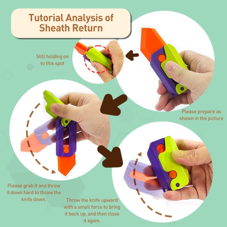 Hands demonstrating sheath return on blue and green pocket-knife fidget toy