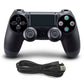 Black wired game controller with dual sticks, D-pad, shoulder buttons, and USB cable