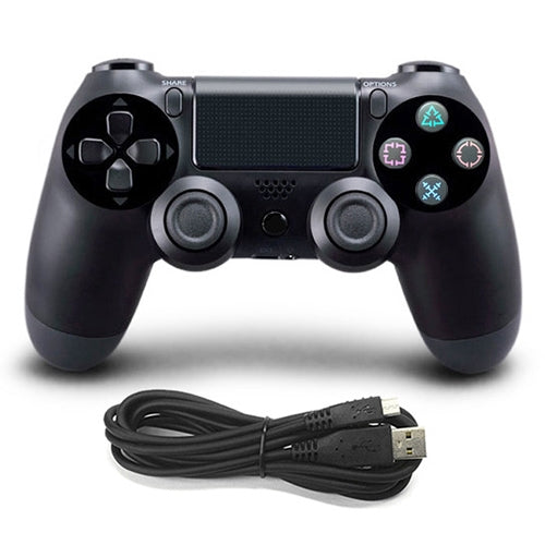 Black wired game controller with dual sticks, D-pad, shoulder buttons, and USB cable