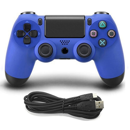 Blue wired game controller with dual analog sticks, D-pad, buttons, and USB cable