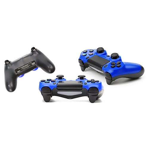 Blue wired game controller shown from front and side with black back controller and USB cable