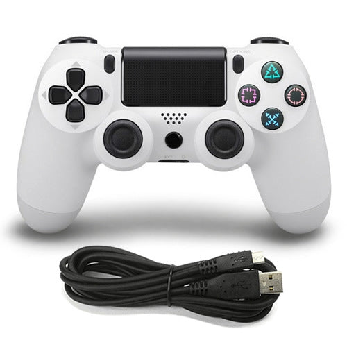 White wired game controller with analog sticks, D-pad, button cluster, and USB cable