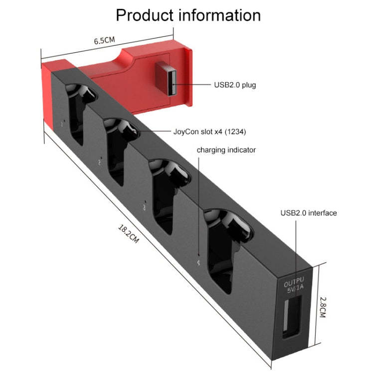 iPega Joy-Con charger dock stand diagram with USB 2.0 ports and charging indicator