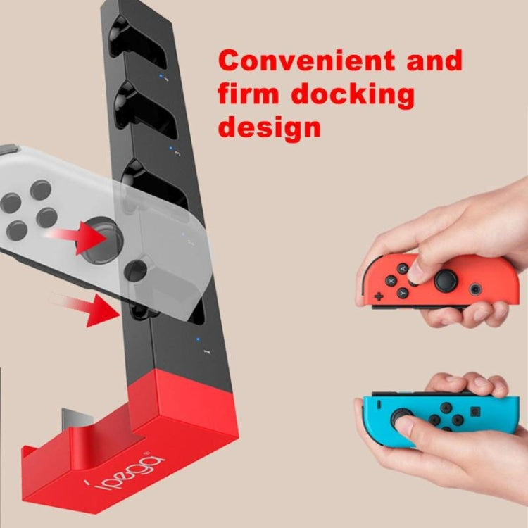 iPega Joy-Con charging dock stand with four slots and a hand inserting a Joy-Con