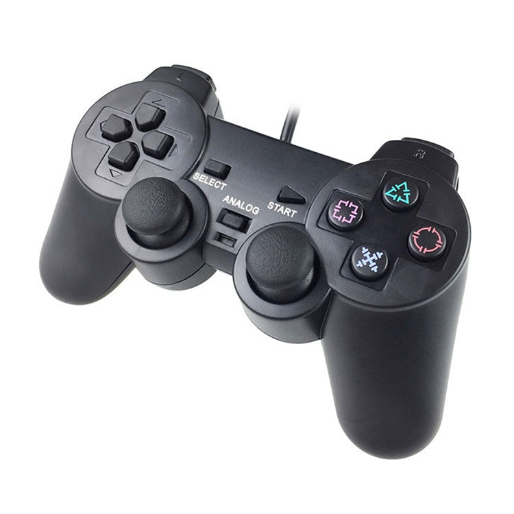 Game controller with dual analog sticks, D-pad, and colored function buttons