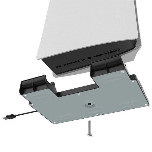 White vertical charging stand underside showing charging terminals and mounting plate