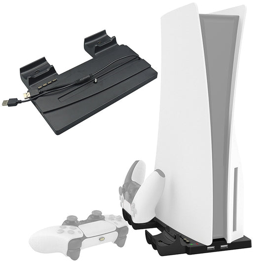 Vertical PS5 charging stand with black base and controller holder