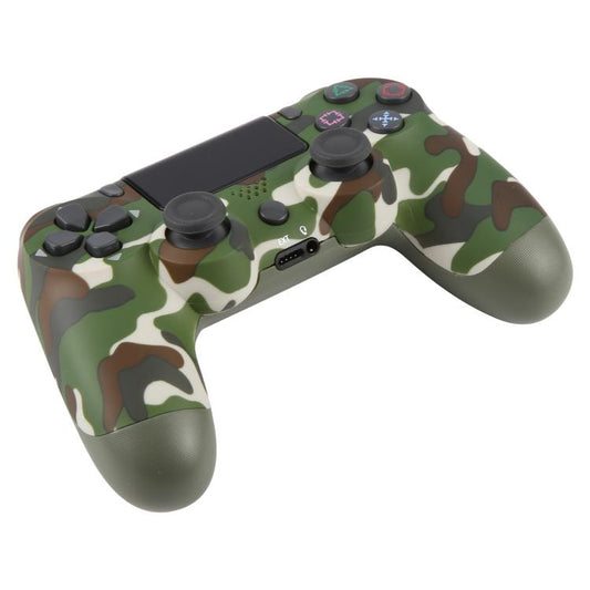 Camouflage wireless game controller shown at an angle with dual sticks and touchpad