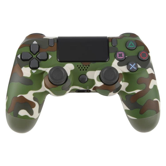 Camouflage wireless game controller with dual analog sticks, touchpad, and colored action buttons