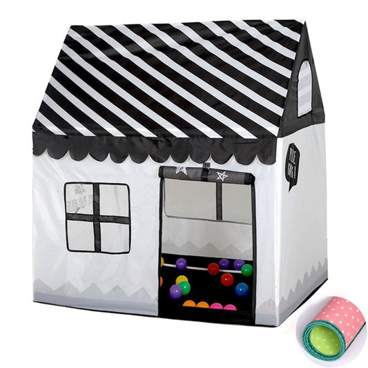 Black and white kids play tent with striped roof, front window, and colorful ball mat