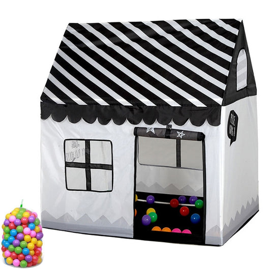 Black-and-white striped kids play tent with open door and colorful ocean balls